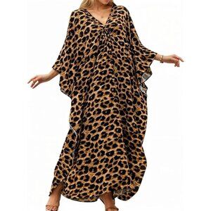 Women's Black & Leopard Sleeve Oversized V-Neck Batwing Dress Resort Caftan Maxi